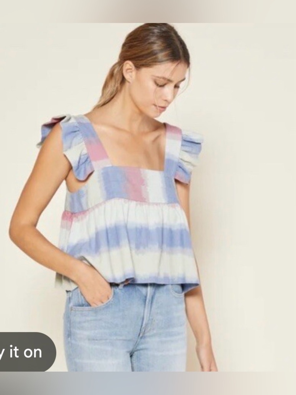 NWT OuterKnown Striped Ruffle-Sleeve Square-Neck Top